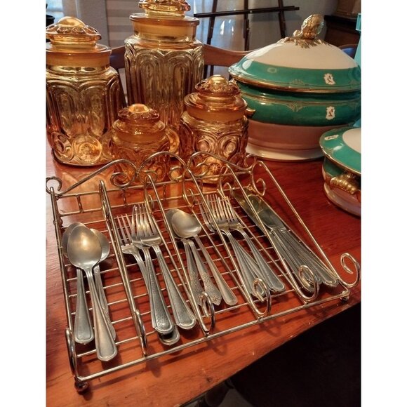 Gold Scroll Tabletop Footed Spice Rack Buffet Flatware Caddy Tray Vintage - Picture 1 of 15